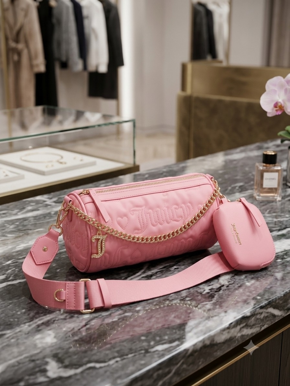 Juicy Couture Pink Quilted Barrel Crossbody with Gold Chain